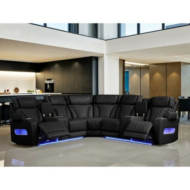 17"W Black Leather Aire Transformer Power Reclining Sectional Sofa with Power Headrest,