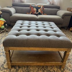 HUIMO 33-inch Large Square Ottoman Coffee Tables for Living Room, Tufted Upholstered Linen Ottoman with Storage Shelf and Solid Legs for Office Bedroo