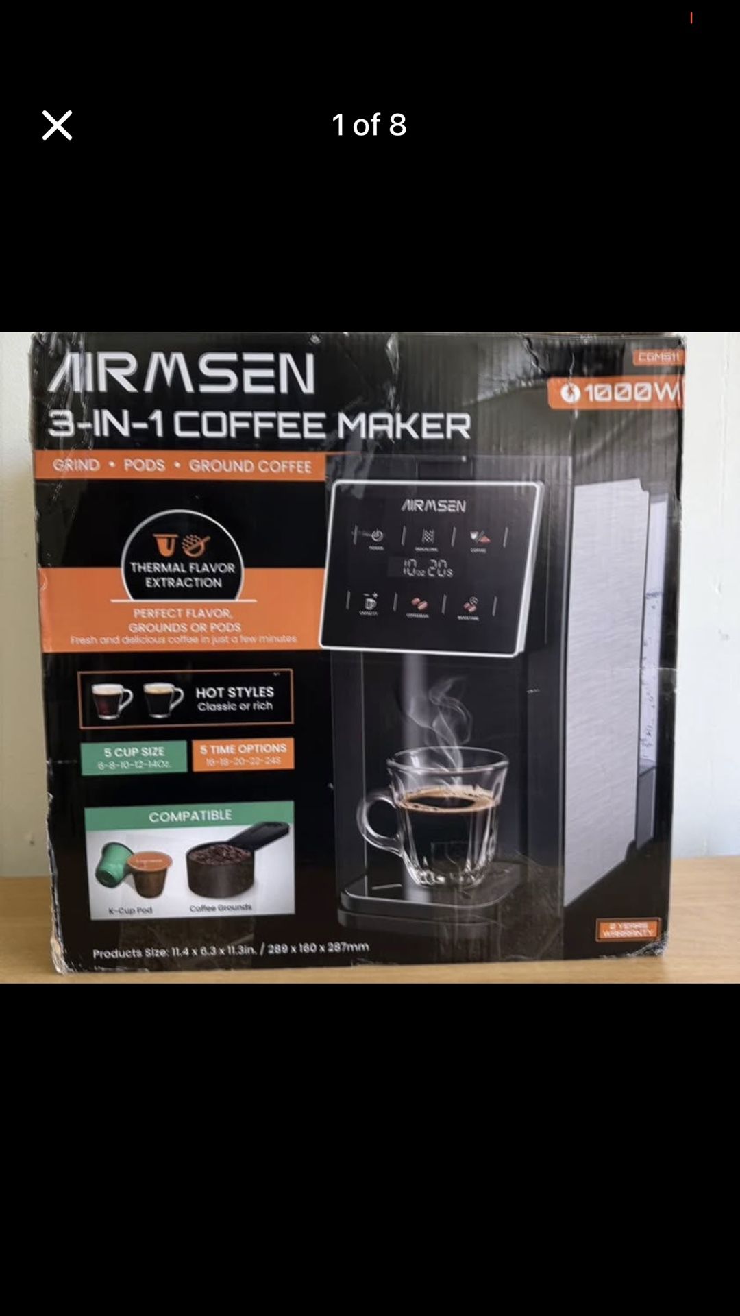 AIRMSEN - 3-In-1 Single Serve Coffee Maker with Grinder, K Cup Coffee Machine Compatible with Ground