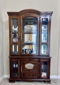 Vintage Wooden China Hutch with Light and Glass 