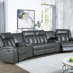Brand New Grey Leather Power Reclining Sectional Sofa 