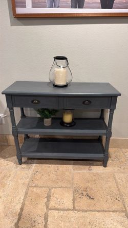 Gray Console Table with Drawers and Shelves