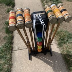 Vintage 6 Player Wood Croquet Set lawn game Mallets Balls W/Stand 