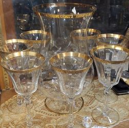 Gold rim ,Wine carafe and glasses, $76.