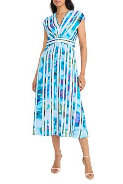 NWOT Maggy London V Neck Cap Sleeveless Watercolor Stripe Midi Maxi Dress Sz 4 Poly