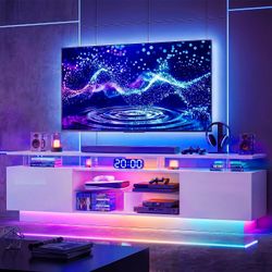 80” High-Glossy TV Stand with 2 Side Cabinets, Storage Entertainment Center, Modern Stylish TV Console with 3 Layer LED Lights&Power Outlets,Remote&AP