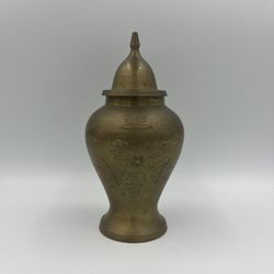Vintage Mid Century Modern Etched Brass Lidded Ginger Jar / Vase / Urn 