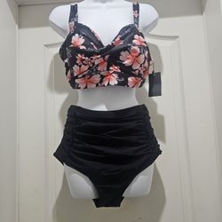 Daci Women Plus Size High Waisted Bikini Two Piece Tummy Control Swimsuits Twist Front Retro Bathing Suits with Ruched Bottom

