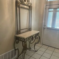 Gorgeous French Design Wrought Iron Entry Table With Marble Top