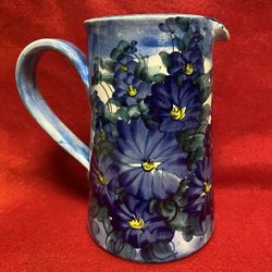 6.25 Inch Handmade Hand Painted Blue Ceramic Greek Floral Design Pitcher Imported From Greece 