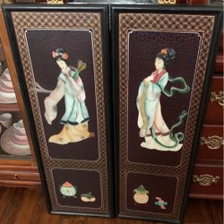 Pair Of Asian Chinese Style Jade Stone Panels
