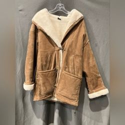 Gallery Cozy Tan Cream Shearling Hooded Suede Leather Jacket Coat Small