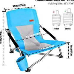 Portable Low Beach Chair Folding Lightweight Camping Chair with Cup Holder Fits 28” Suitcase