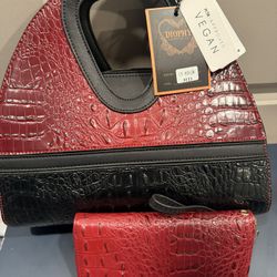 Red Crocodile Pattern Handbag and Wallet Set