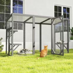 70 inch wide gray large wooden Catio cat playpen enclosure Outdoor Cat Catio House, Wooden Cat Enclosure with Tilted PC Sun Roof