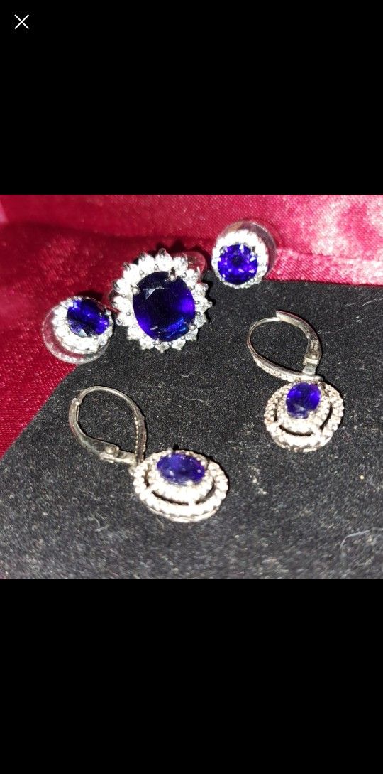 Blue Sapphire Over Sterling Silver 3PC set, Ring Stud/ Dangling Earrings. New!