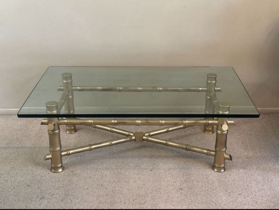 Antique Vintage Mid Century Modern Hollywood Regency Gold Glam Thick Faux Bamboo Base Glass Top Coffee Cocktail Table