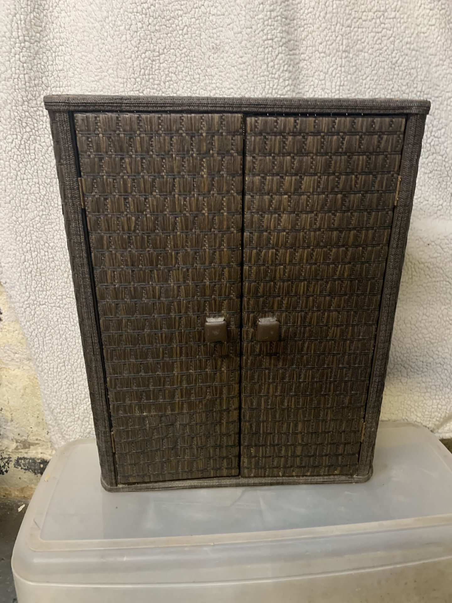Brown Woven Rattan-Style Wall Cabinet with Shelves And Doors 25x19x5.5”Storage