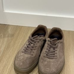 Beckham x BOSS low-top suede khaki trainers.