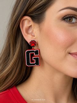 Red and Black Paw Print Letter G Dangle Earrings