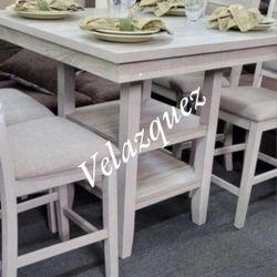 ✅️ 5 pc Wildon studio rustic natural tone,  finish wood and fabric counter height dining table set ✅️✅️
