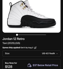 Jordan 12 Retro Taxi (GS)
Used
Kids Size 4.5y
Women's Size 6