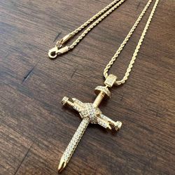 Gold Filled Nails Cross With Stones 24 Inch Rope Necklace