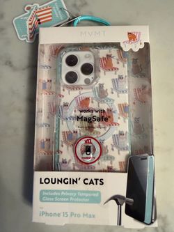 New MVMT Loungin’ Cats iPhone 15 Pro Max case with privacy screen