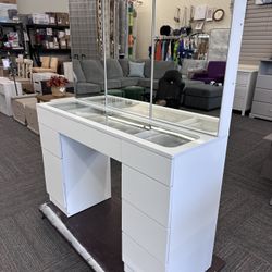 Makeup Vanity Desk with 2 Mirror Cabinet Doors, Crystal Knobs, 9 Drawers, Hidden Storage, Glass Top – Large Vanity Table for Bedroom, Dressing Table, 