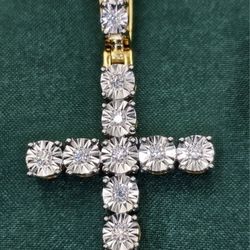 Diamond Cross Pendant in Two-Tone Gold – Round Cluster Design