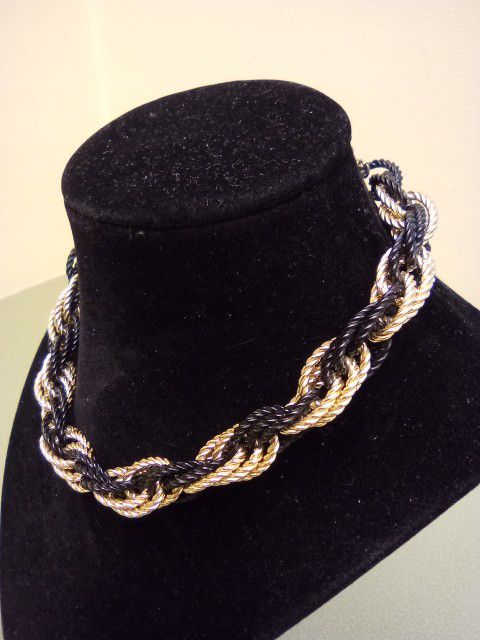 Black And Gold Tone Chain Link Choker Necklace Adjustable 