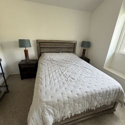 Queen Bed frame, Box, Mattress And Two Nightstands 