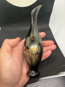 SILVER Carved Horn Vase with Gold Asian Scene