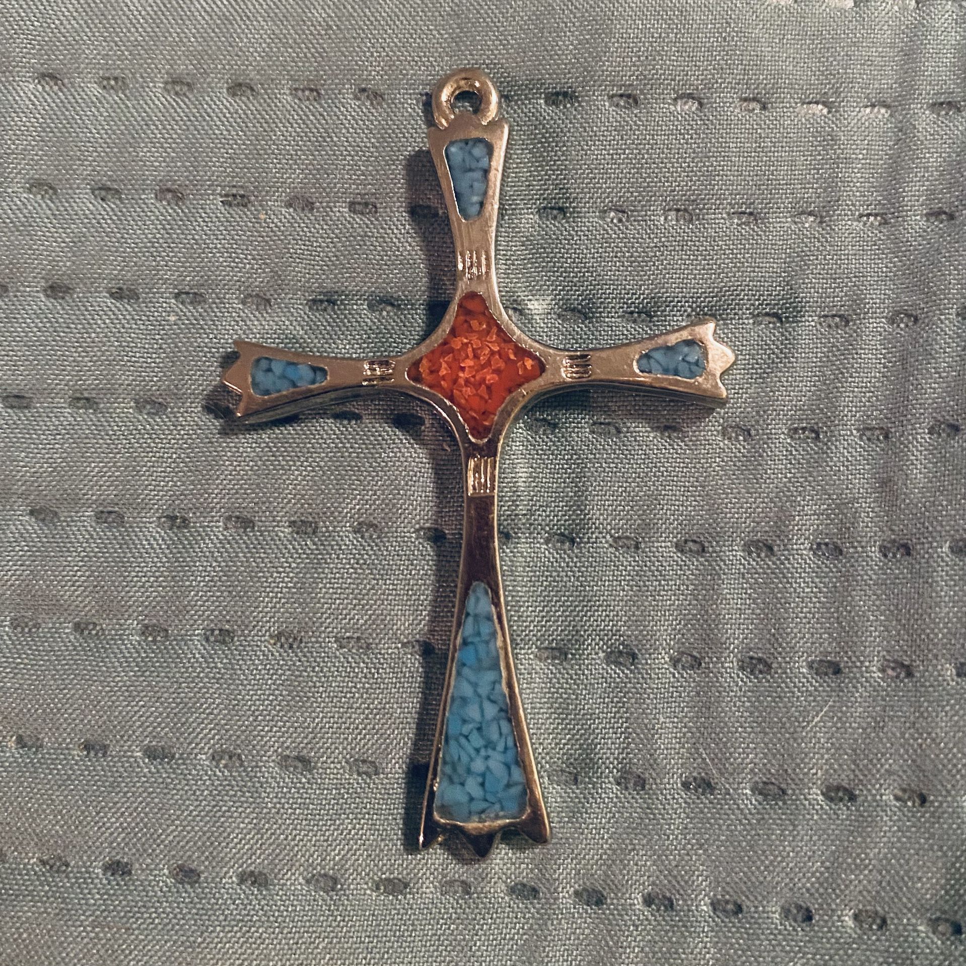Vintage Sterling Silver Turquoise Coral Inlay Cross Pendant