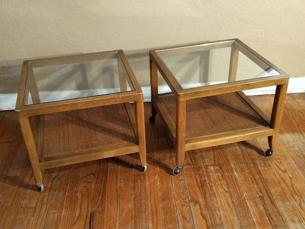 Vintage Mid Century Pair of Walnut Side End Lamp Tables Accented With Faux Cane Bottoms, Tempered Glass Tops and Original Casters