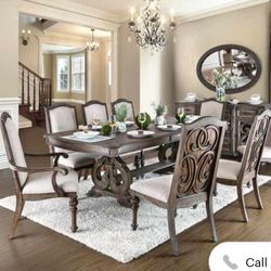 9 Pc Dining Set - Table With 8 Chairs - Old World Style  - Trestle Base & Intricate Wood Frills
