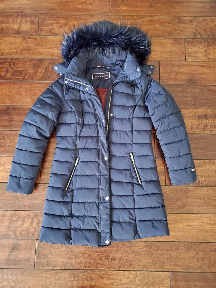 Tommy HILFIGER Winter Snow Coat Jacket Fur Navy Blue Hooded Warm