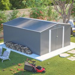 12×14 ft Outdoor Metal Storage Shed, Large Garden Tool Shed with Lockable Double Doors, Waterproof Yard Building, Patio, Light Gray