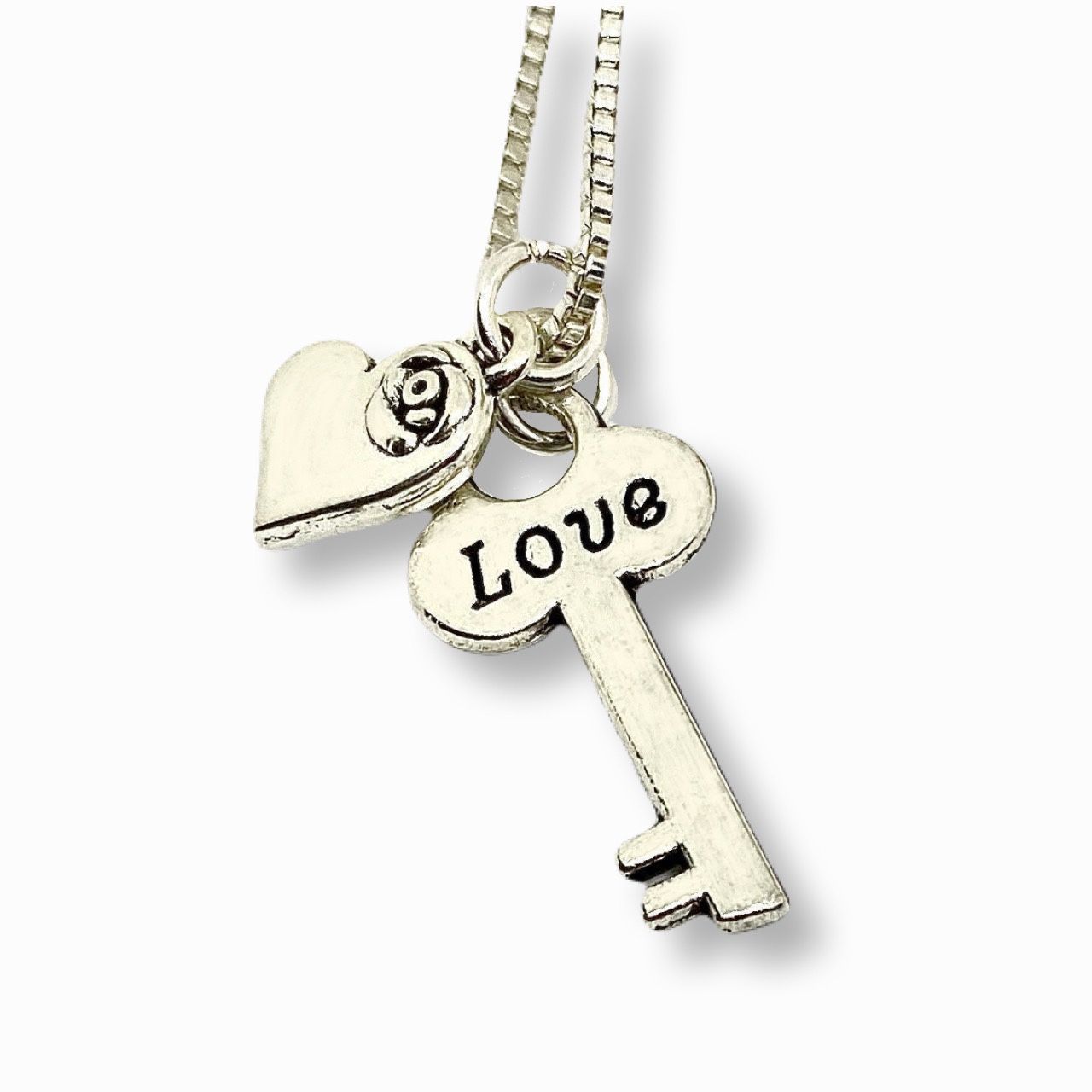 18” Heart & Key Love Link Necklace Sterling Box Chain by Oriel Beauty