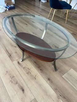Oval Glass Top Coffee Table with Wood Shelf