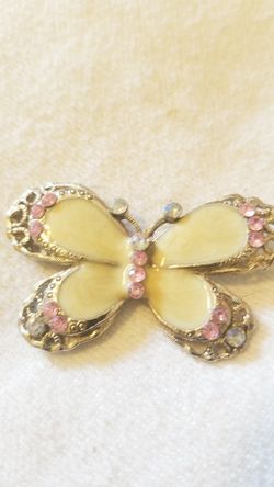 Vintage White Porcelain & Pink Rhinestone Silver Butterfly Pin