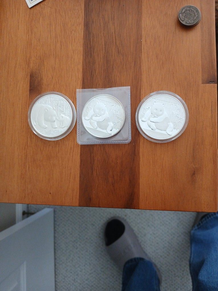 3 SILVER 10 YUAN PANDAS 1 OZ 999