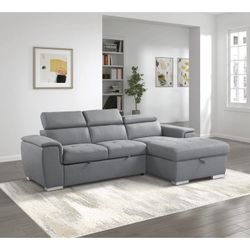 Brand New 98" x 65" Gray Chenille Secrional With Pullout Bed And Storage Chaise