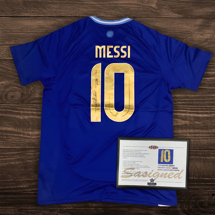Signed Messi World Cup Jersey 2022 – Authentic Argentina Kit with COA, Gold Lettering, Rare Collectible, FIFA Champion Lionel Messi Shirt