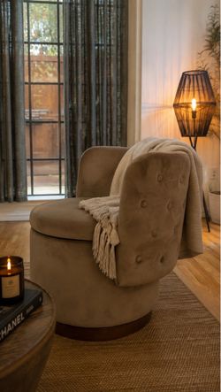 Taupe Tufted Barrel Swivel Accent Chair with Storage- NEW