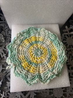 VTG Handmade Well Loved Round Crocheted Doily-Pot Holder w/Fabric Backing 6.5”