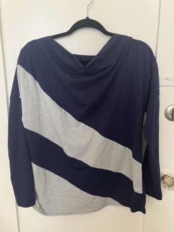 Navy and Light Gray Striped Long-Sleeve Top, Size L