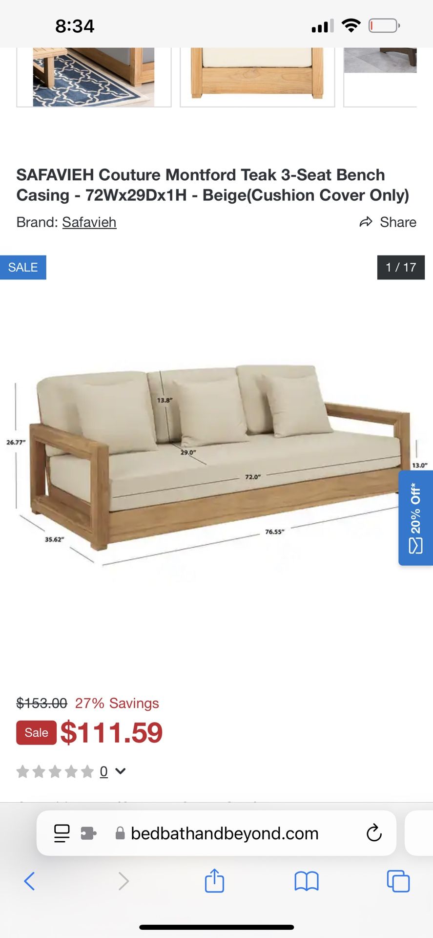SAFAVIEH Couture Montford Teak 3-Seat Bench Casing - 72Wx29Dx1H - Beige(Cushion Cover Only)