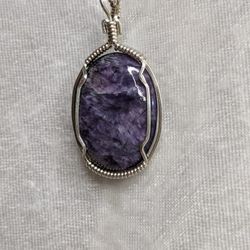 Charoite Pendant Elegantly Wire-wrapped In Sterling Silver