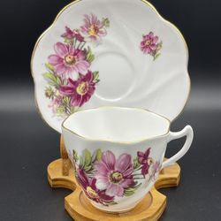 Staffordshire Crown RA English Bone China Teacup and Saucer Pink and Red Roses